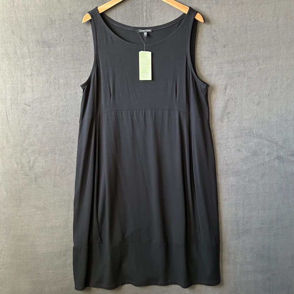 Eileen Fisher Black Stretch Jersey Knit Dress Womens XL Sleeveless Cut-Out Oval